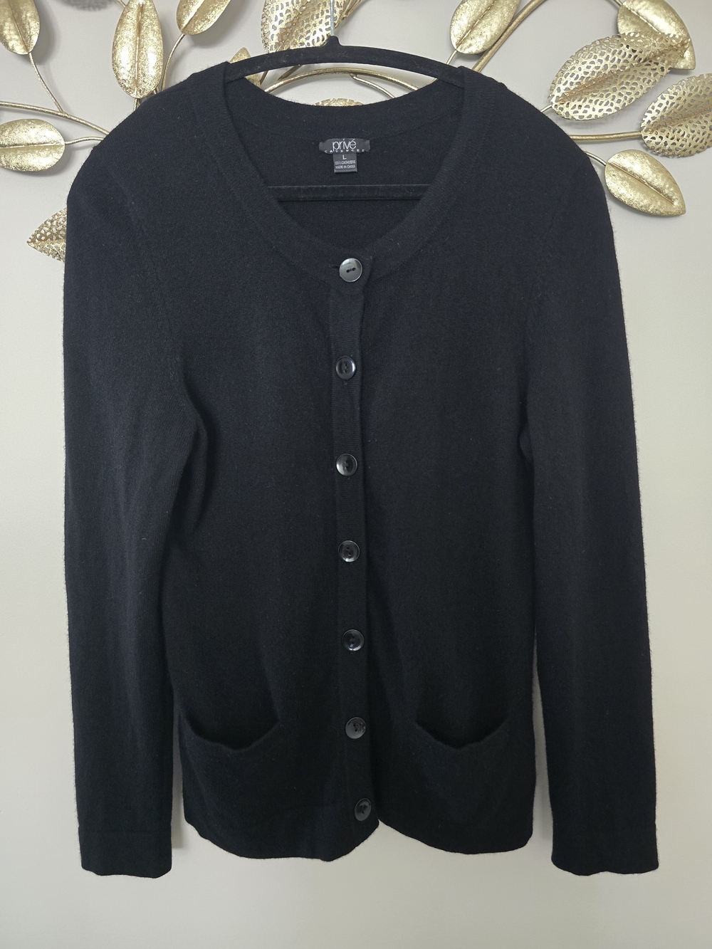 PRIVE Cashmere Black Classic Button-Front Pocket Cardigan Sz M-L